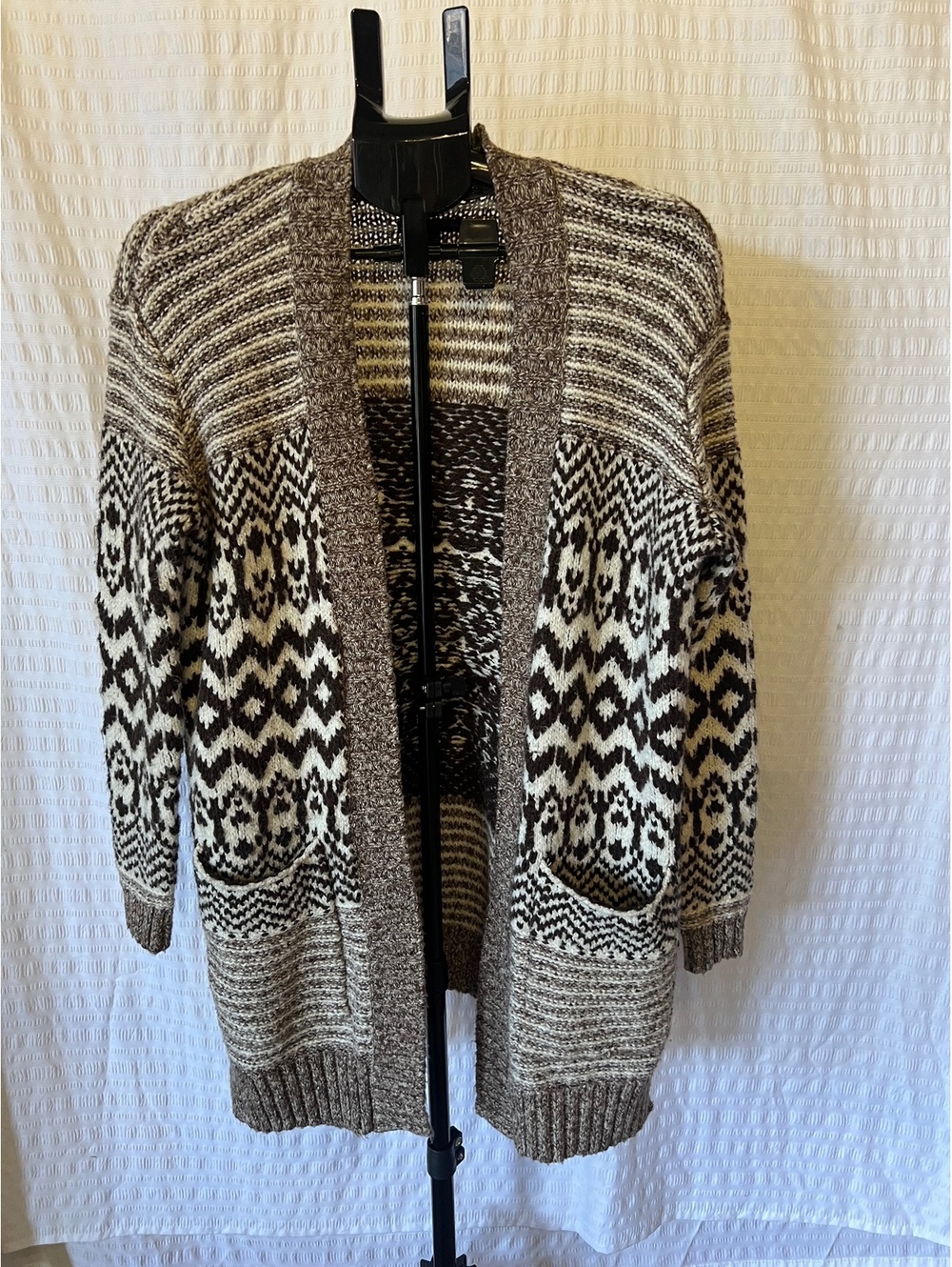 American Eagle Fair Isle Aztec Cardigan Sweater Open Front Brown Cream S